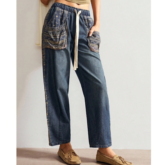 Western Dark Wash Paisley Print Stretchy Waist Straight Leg Denim Pants - Picture 1 of 5